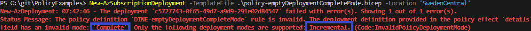 Azure Policy deployment in Complete mode fails validation